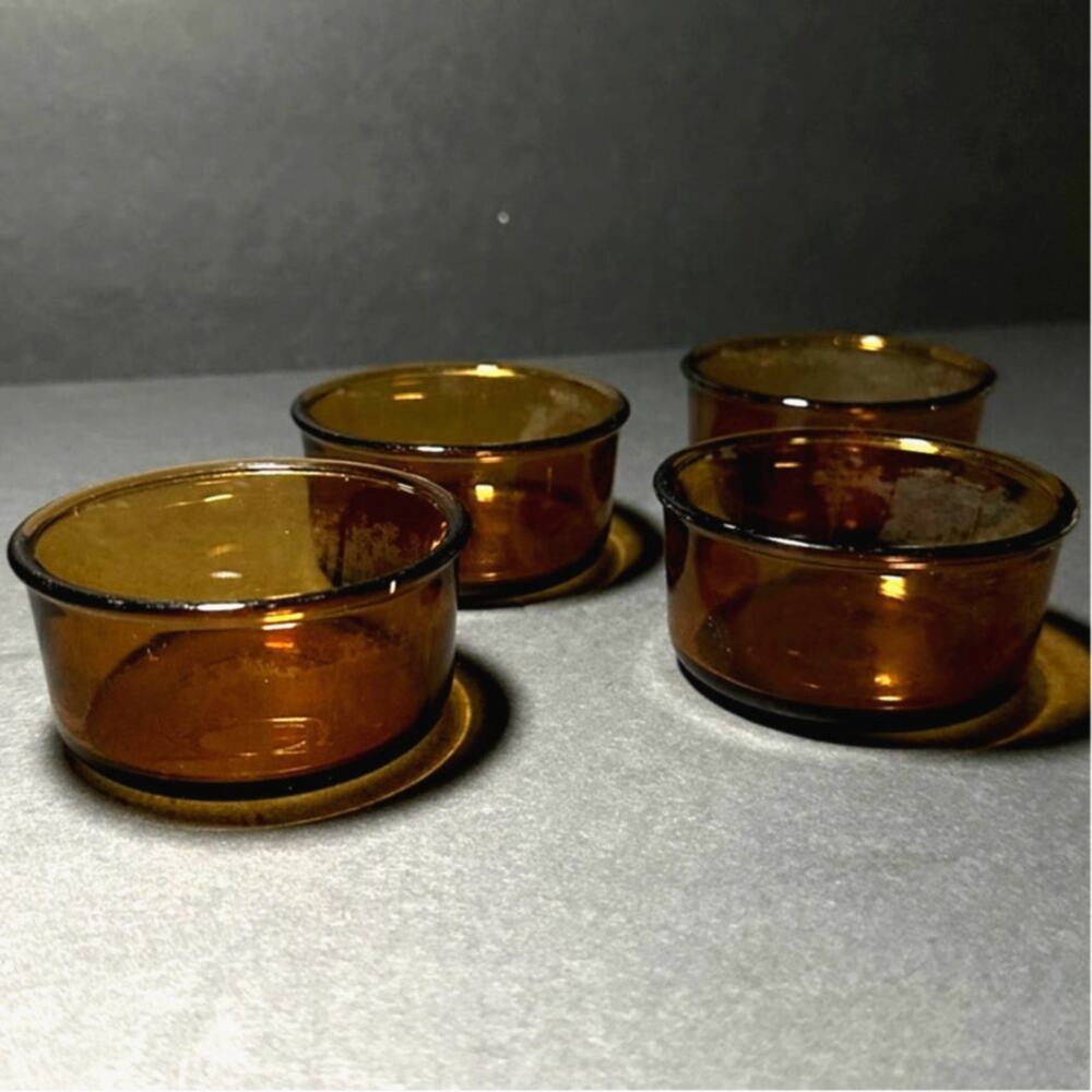 4 1960s Vintage Arcopal France Amber Glass Ramekins UV REACTIVE French Bakeware